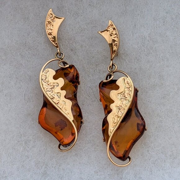 Russian Russia 14K 585 Rose Pink Gold Baltic Honey Amber Dangle Drop Earrings - Picture 5 of 9